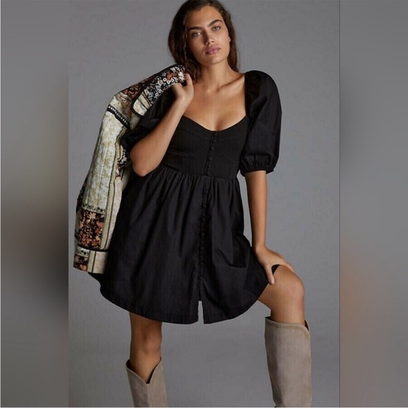 Anthropologie Black Puff Sleeve Mini Dress Women’s Size M - Picture 1 of 10